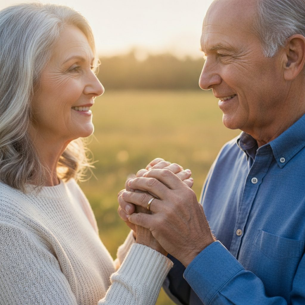 Senior couple holding hands in soft natural light